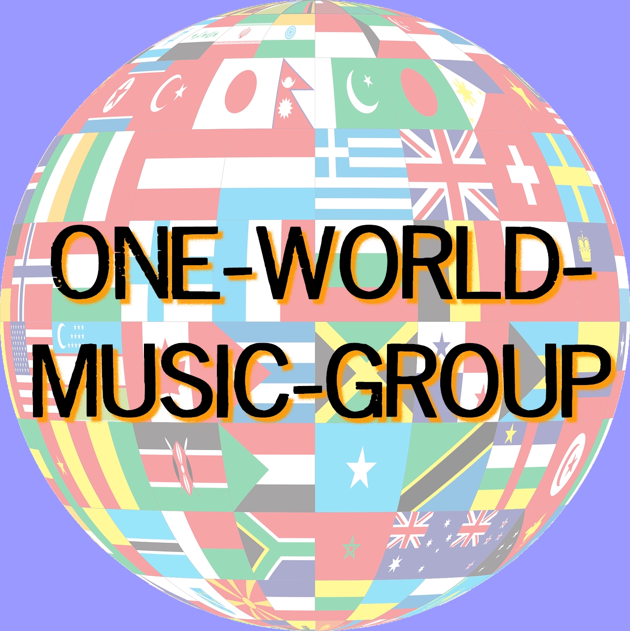 Weltkugel aus Flaggen verschiedener Länder, davor Schriftzug ONE-WORLD-MUSIC-GROUP